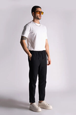 Pamuk Comfort Fit Jogger Bel Pantolon  Siyah