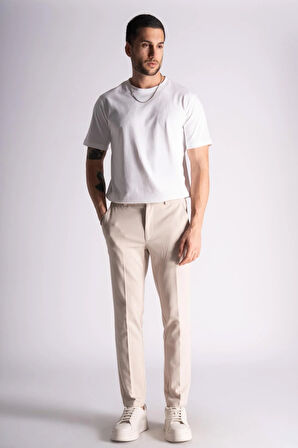 Yan Lastikli Slim Fit Chino Pantalon Bej