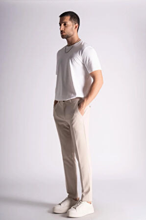 Yan Lastikli Slim Fit Chino Pantalon Bej