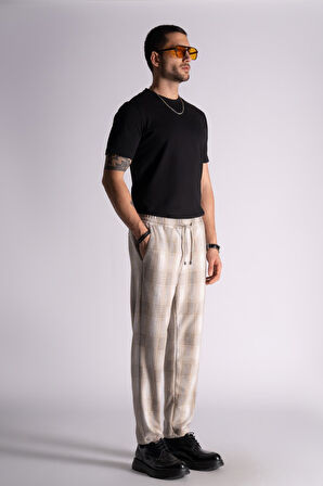Slim Fit Jogger Bel Pantolon  Ekose Bej