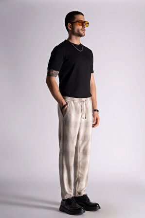 Slim Fit Jogger Bel Pantolon  Ekose Bej