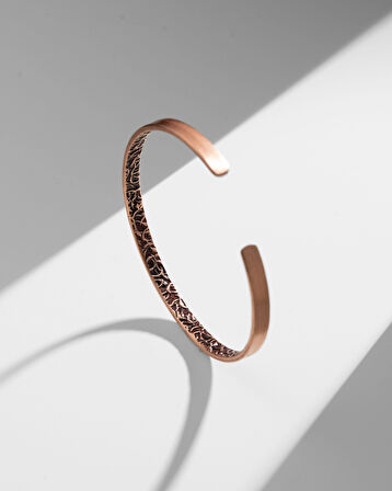 Dışı Ayetel Kürsi Yazılı İçi Sarmaşık Desenli İnce Bakır Bilezik