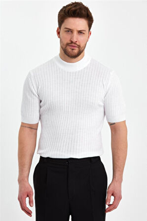  Erkek Yarım Balıkçı Çizgili Triko T-shirt