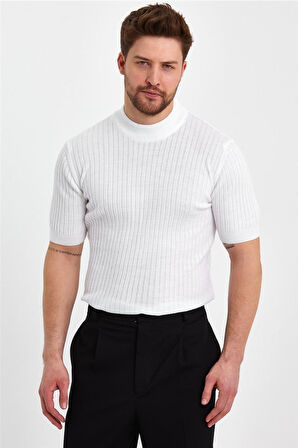  Erkek Yarım Balıkçı Çizgili Triko T-shirt