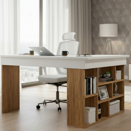 Atlas Kitaplıklı Bilgisayar ve Çalışma Masası - Atlantik Çam Beyaz