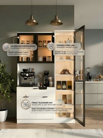 Dream Premium Kahve İstasyonu - Kahve Köşesi ve Mutfak Ünitesi - Beyaz Füme Temperli Camlı LED Modül