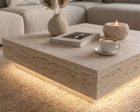 Perla LED Işıklı Kare Orta Sehpa - Traverten Doku - Mermer desen