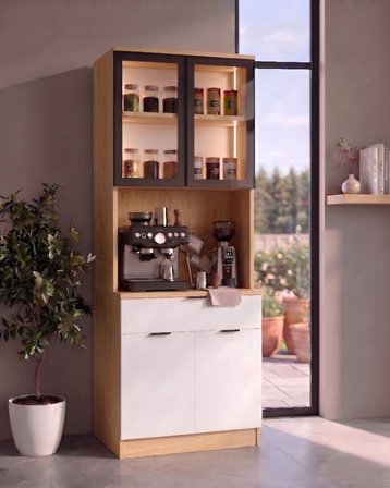 Dream Premium Minimal Kahve İstasyonu - Safir Meşe Temperli Camlı LED Modül