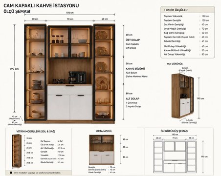 Misterium Dream Premium Ultra Kahve Istasyonu - Kahve Köşesi ve Mutfak Ünitesi - Beyaz Füme Temperli Camlı LED Modül