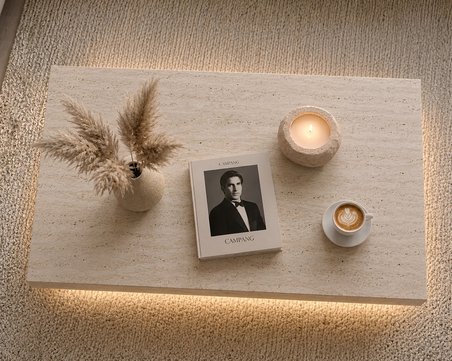 Misterium Perla LED Işıklı 90X75 Orta Sehpa - Traverten Doku - Mermer desen