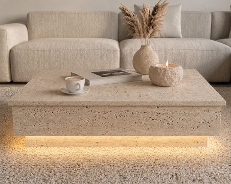 Misterium Perla LED Işıklı 90X75 Orta Sehpa - Traverten Doku - Mermer desen