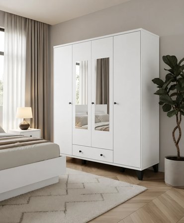 Vento Modern 4 Kapaklı Aynalı Fonksiyonel Yatak Odası & Genç Odası Elbise Dolabı - Beyaz