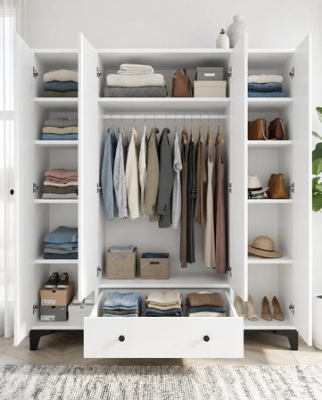 Vento Modern 4 Kapaklı Aynalı Fonksiyonel Yatak Odası & Genç Odası Elbise Dolabı - Beyaz