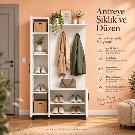 Loft Soft Portmanto ve Askılıklı Vestiyer Takımı - Beyaz