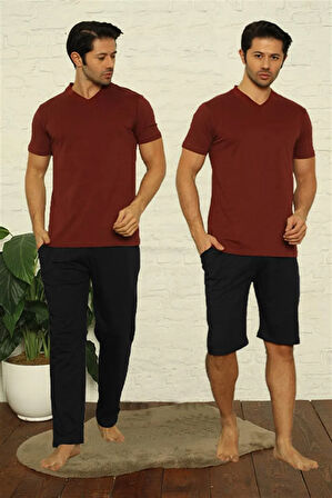 Moda Çizgi Erkek Bordo V Yaka 3'lü Pijama Takım 6822