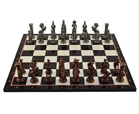 GiftHome Battal Boy Metal İNGİLİZ Satranç Takımı Antik ve Katlanır Ceviz Desenli MDF Satranç Tahtası (43X43 cm.)