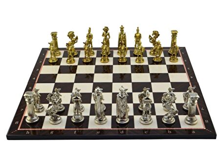 GiftHome Battal Boy Metal İNGİLİZ Satranç Takımı Parlak ve Katlanır Ceviz Desenli MDF Satranç Tahtası (43X43 cm.)