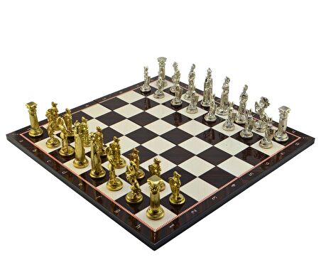 GiftHome Battal Boy Metal İNGİLİZ Satranç Takımı Parlak ve Katlanır Ceviz Desenli MDF Satranç Tahtası (43X43 cm.)