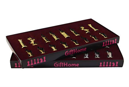 GiftHome Battal Boy Metal İNGİLİZ Satranç Takımı Parlak ve Katlanır Ceviz Desenli MDF Satranç Tahtası (43X43 cm.)