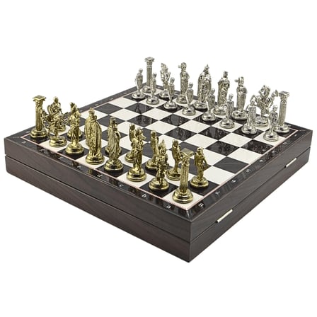GiftHome Büyük Boy Metal İNGİLİZ Satranç Takımı Parlak ve Ceviz Desenli Sandıklı MDF Tahtası(36X36X6 cm.) 