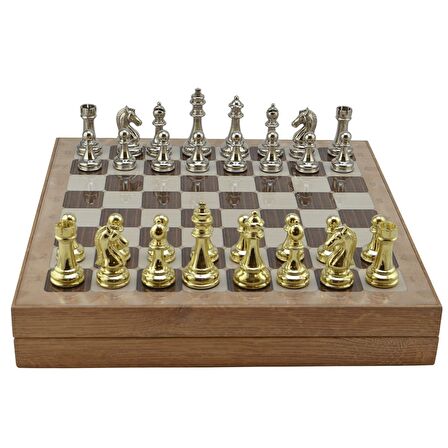 GiftHome Metal KLASİK Satranç Takımı Parlak ve Rustik Desenli MDF Sandıklı Satranç Tahtası (36X36X6 cm.)