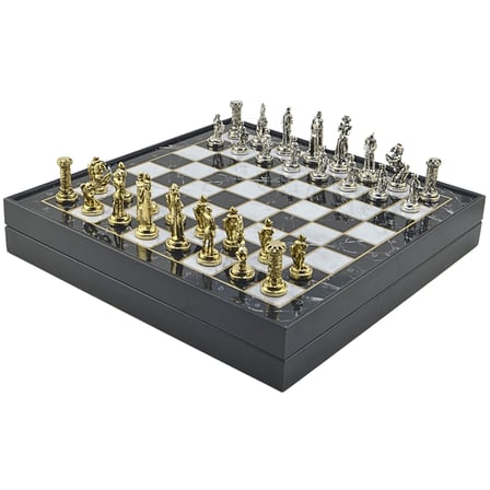 GiftHome Orta Boy Metal İNGİLİZ Satranç Takımı Parlak ve Mermer Desenli Sandıklı MDF Tahtası(36X36X6 cm.) 