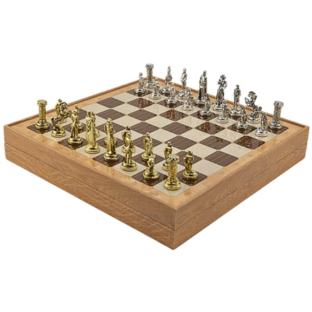 GiftHome Orta Boy Metal İNGİLİZ Satranç Takımı Parlak ve Rustik Desenli Sandıklı MDF Tahtası(36X36X6 cm.) 