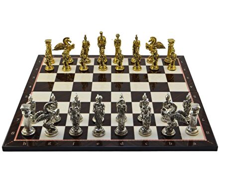 GiftHome Battal Boy Metal PEGASUS Satranç Takımı Parlak ve Katlanır Ceviz Desenli MDF Satranç Tahtası (43X43 cm.)