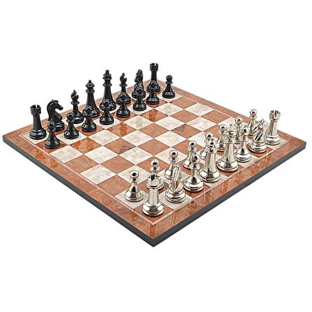GiftHome Premium Black Metal Klasik Satranç Takımı ve Mocha Desenli MDF Satranç Tahtası (37X37 cm.)