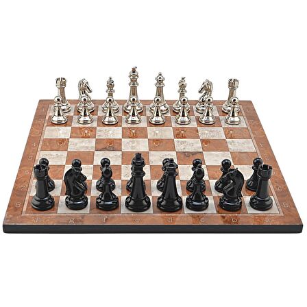 GiftHome Premium Black Metal Klasik Satranç Takımı ve Mocha Desenli MDF Satranç Tahtası (37X37 cm.)