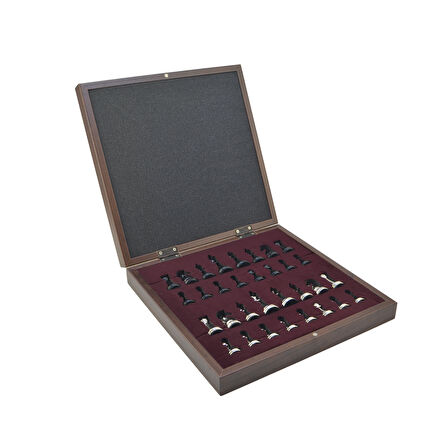 GiftHome Orta Boy Premium Black Metal Klasik Satranç Takımı ve Ceviz Desenli Sandıklı MDF Tahtası (30X30X6 cm.)