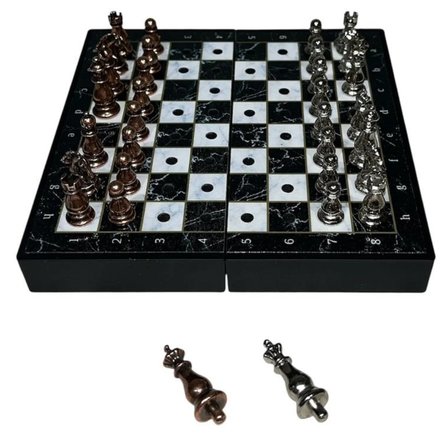 GiftHome Antik Klasik Mermer Desenli Mini Seyahat Boy Satranç Takımı ( 16 x 16 cm )