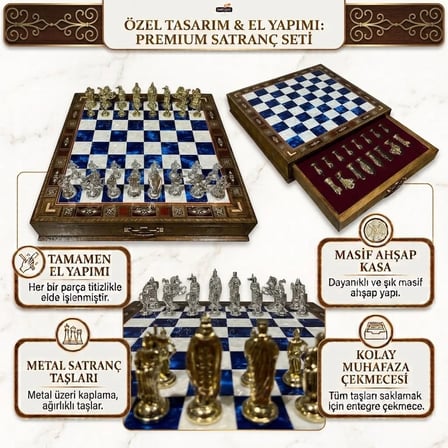 Kişiye Özel İsimli EL YAPIMI Büyük Boy Parlak İNGİLİZ FİGÜRLÜ Mavi Masif Ahşap Çekmeceli Satranç Takımı 