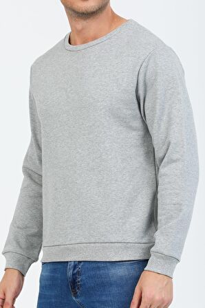 Gri Melanj Kapüşonsuz Bisiklet Yaka Basic Sweatshirt