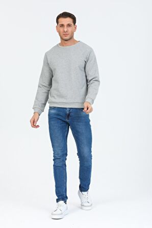 Gri Melanj Kapüşonsuz Bisiklet Yaka Basic Sweatshirt