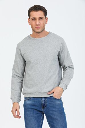 Gri Melanj Kapüşonsuz Bisiklet Yaka Basic Sweatshirt