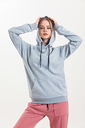 Gri Kapüşonlu Kanguru Cepli Basic Sweatshirt