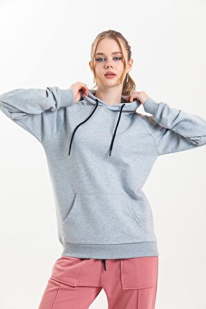 Gri Kapüşonlu Kanguru Cepli Basic Sweatshirt