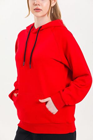 Kırmızı Kapüşonlu Kanguru Cepli Basic Sweatshirt