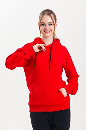 Kırmızı Kapüşonlu Kanguru Cepli Basic Sweatshirt