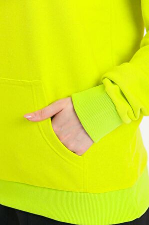 Limon Sarısı Kapüşonlu Kanguru Cepli Basic Sweatshirt