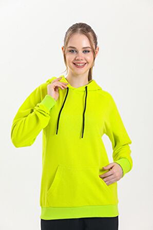 Limon Sarısı Kapüşonlu Kanguru Cepli Basic Sweatshirt