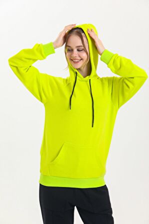 Limon Sarısı Kapüşonlu Kanguru Cepli Basic Sweatshirt