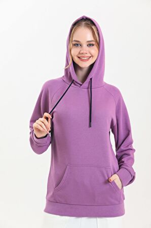 Pembe Kapüşonlu Kanguru Cepli Basic Sweatshirt