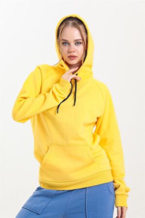 Sarı Kapüşonlu Kanguru Cepli Basic Sweatshirt