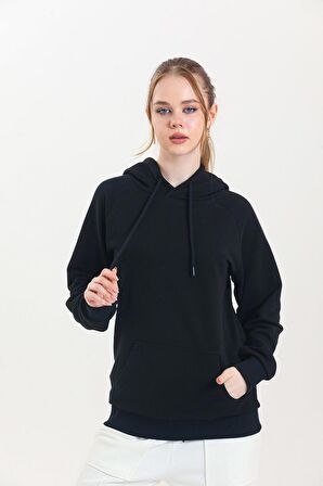 Siyah Kapüşonlu Kanguru Cepli Basic Sweatshirt