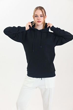 Siyah Kapüşonlu Kanguru Cepli Basic Sweatshirt