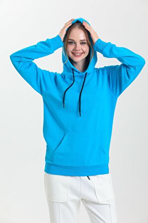 Turkuaz Kapüşonlu Kanguru Cepli Basic Sweatshirt