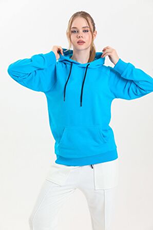 Turkuaz Kapüşonlu Kanguru Cepli Basic Sweatshirt