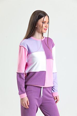 Pembe Basic Parçalı Patchwork Sweatshirt